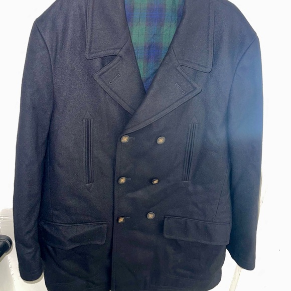 Ralph Lauren Men’s Wool Peacoat – Navy Double-Breasted Jacket with Plaid Lining